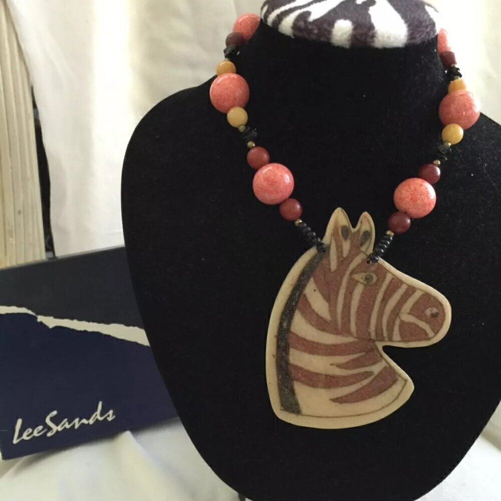 Vintage Lee Sands Zebra Head Statement Necklace in box